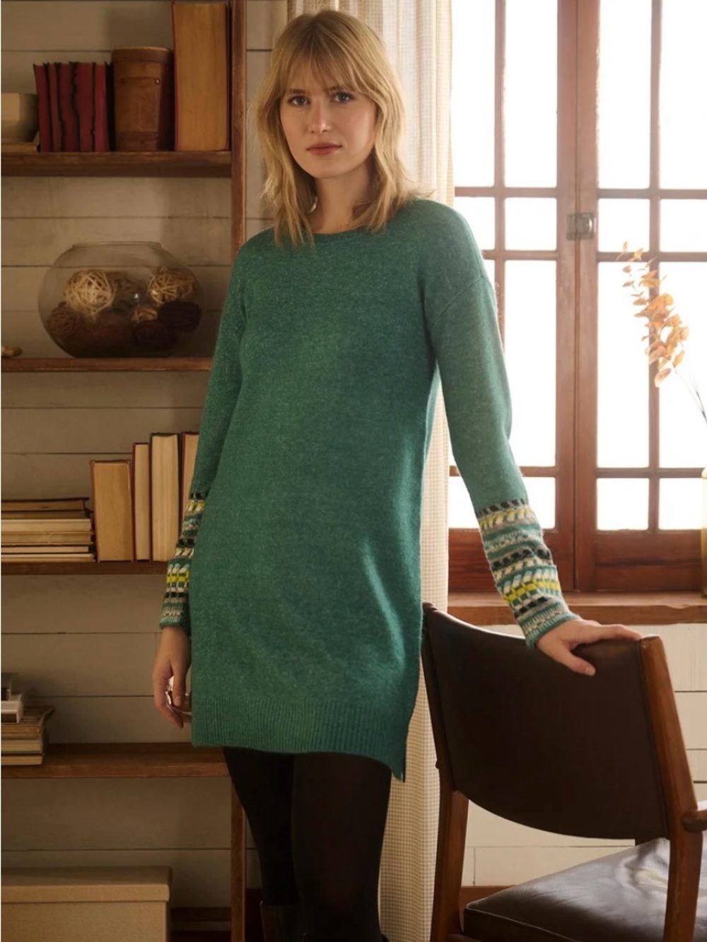 Hatley "Sadie" Teal Knit Sweater Dress with Fair Isle Cuffs - Size L